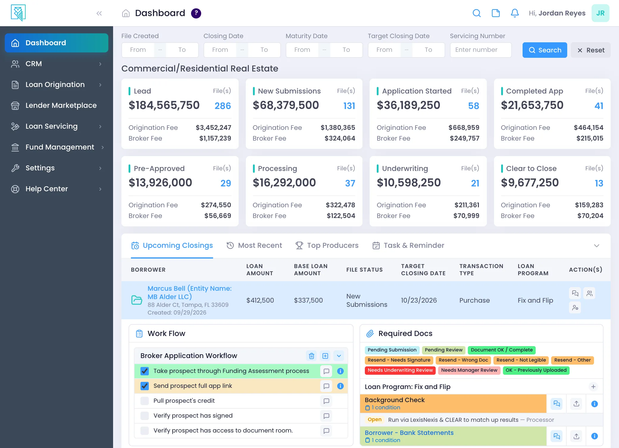 LendingWise dashboard showing pipeline totals by stage, a loan file's workflow checklist, and required docs with open conditions.